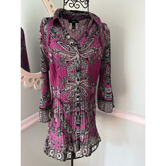 ALFANI WOMAN Purple Black Line Paisley PRINT STRETCHY Collared TUNIC TOP SIZE 12 - Picture 1 of 4